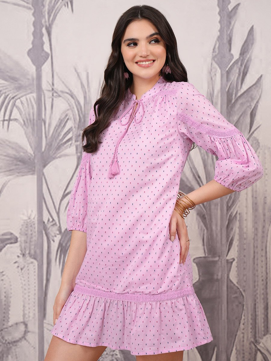 Polka Dot Print Tie-Up Neck A-Line Mini Dress