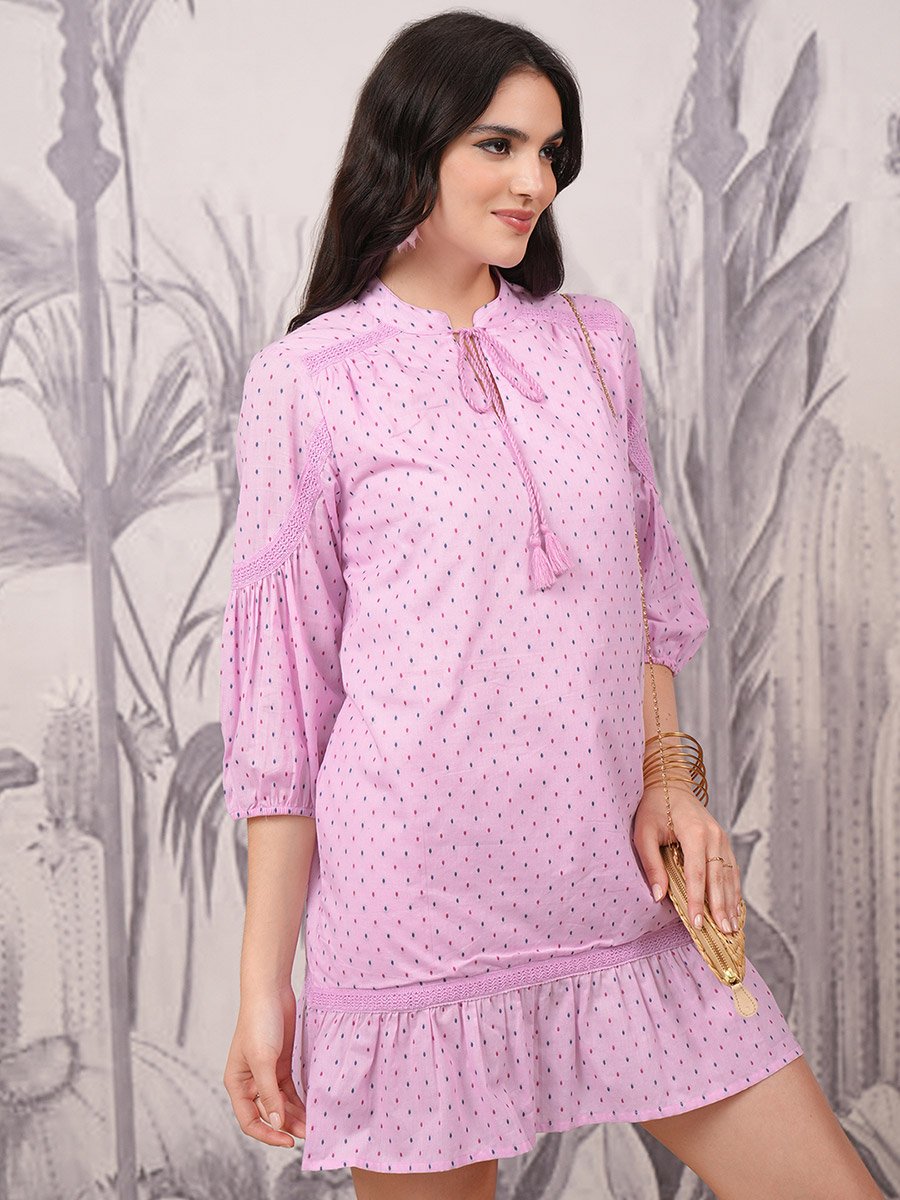 Polka Dot Print Tie-Up Neck A-Line Mini Dress