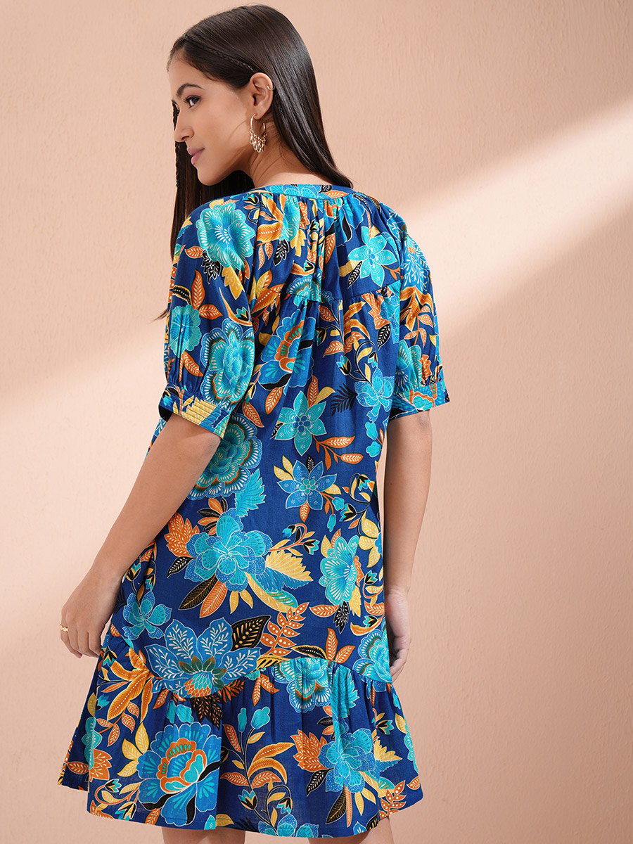 Women Floral Print Puff Sleeves Cotton A-Line Mini Dress
