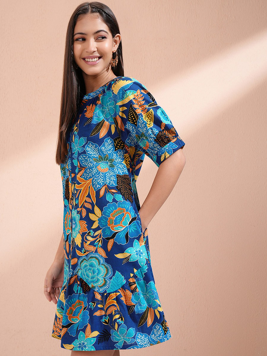 Women Floral Print Puff Sleeves Cotton A-Line Mini Dress For Women at Saudi | Styli Women Floral Print Puff Sleeves Cotton A-Line Mini Dress For Women at Saudi | Styli