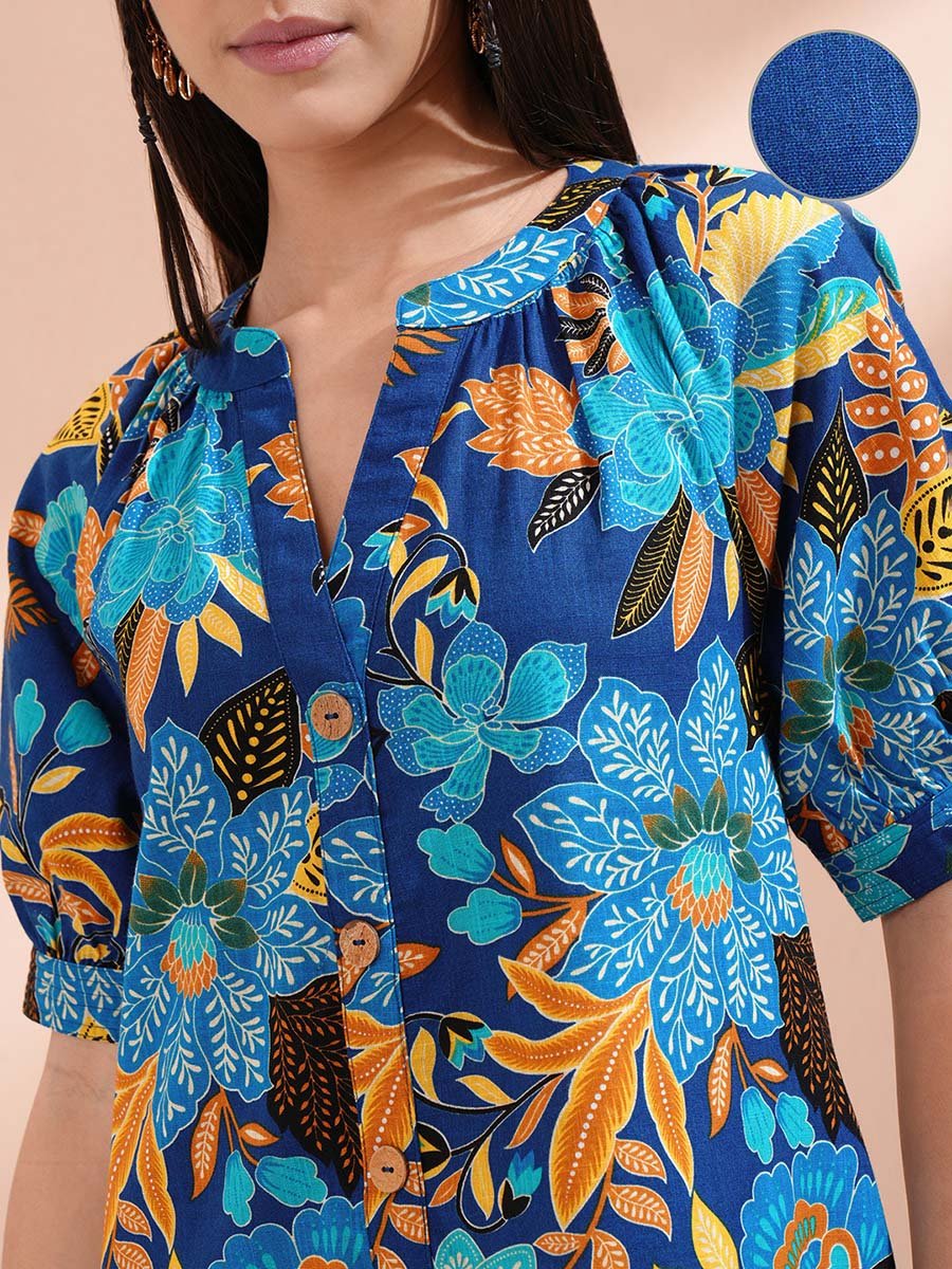 Women Floral Print Puff Sleeves Cotton A-Line Mini Dress