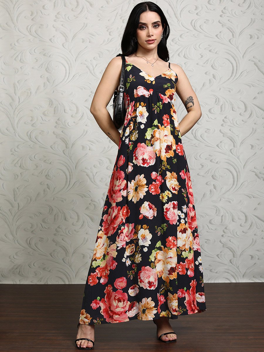 Women Floral Printed Strappy A-Line Maxi Dress with Smocked Back