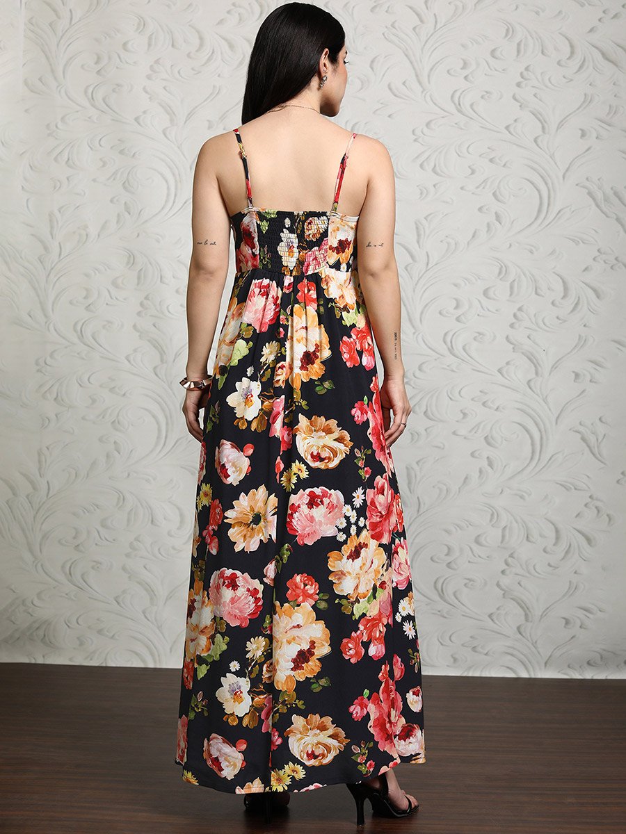 Women Floral Printed Strappy A-Line Maxi Dress with Smocked Back