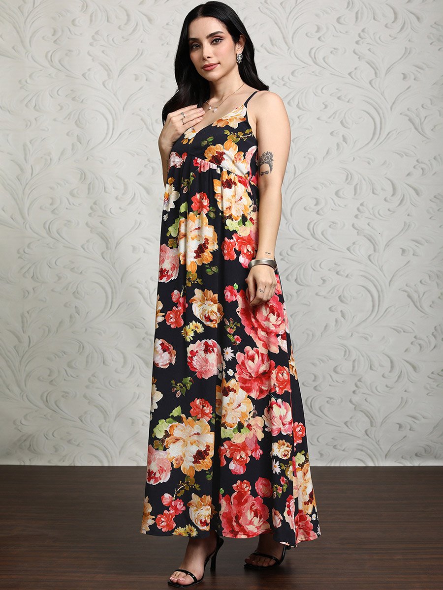 Women Floral Printed Strappy A-Line Maxi Dress with Smocked Back