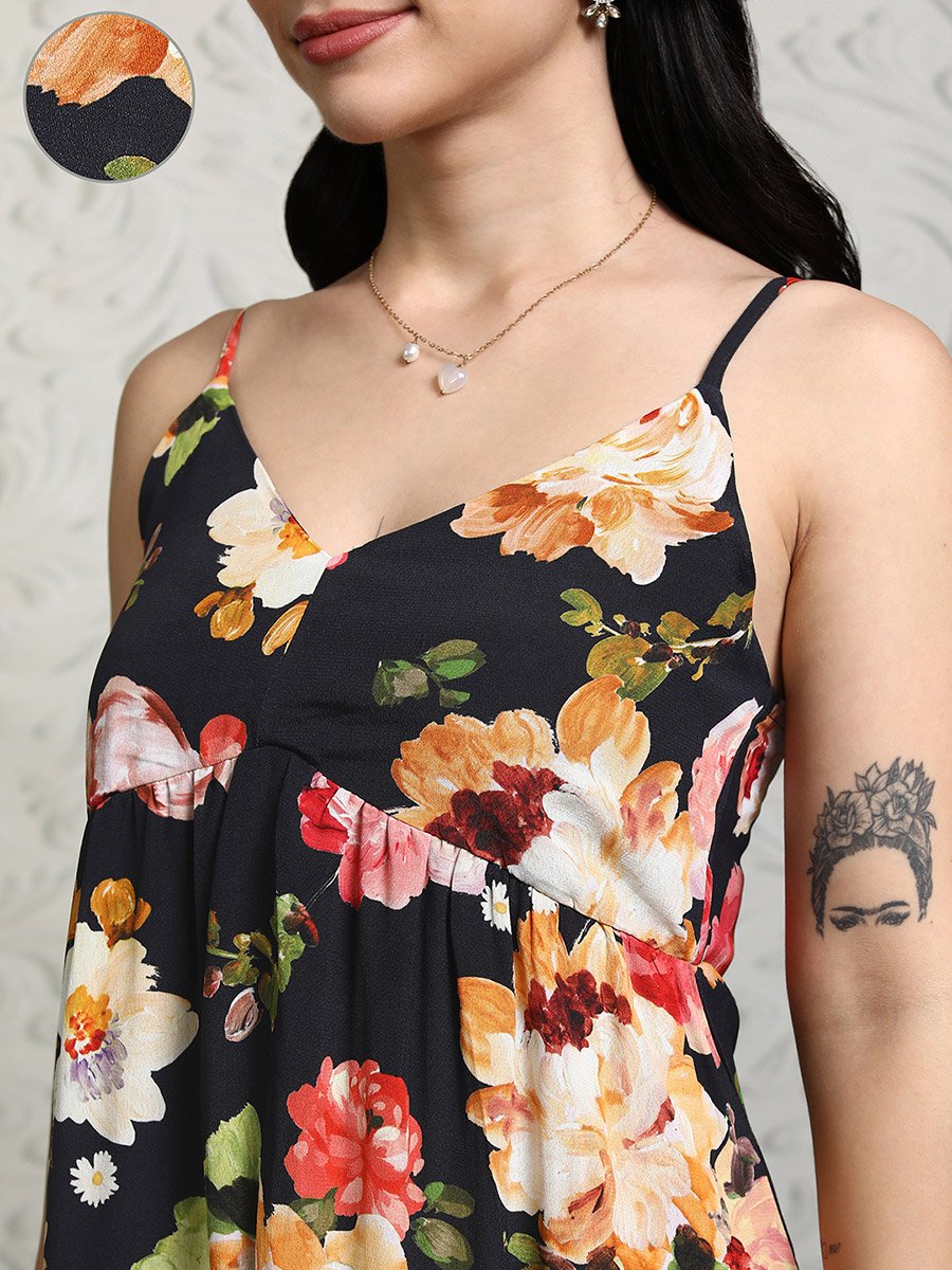 Women Floral Printed Strappy A-Line Maxi Dress with Smocked Back