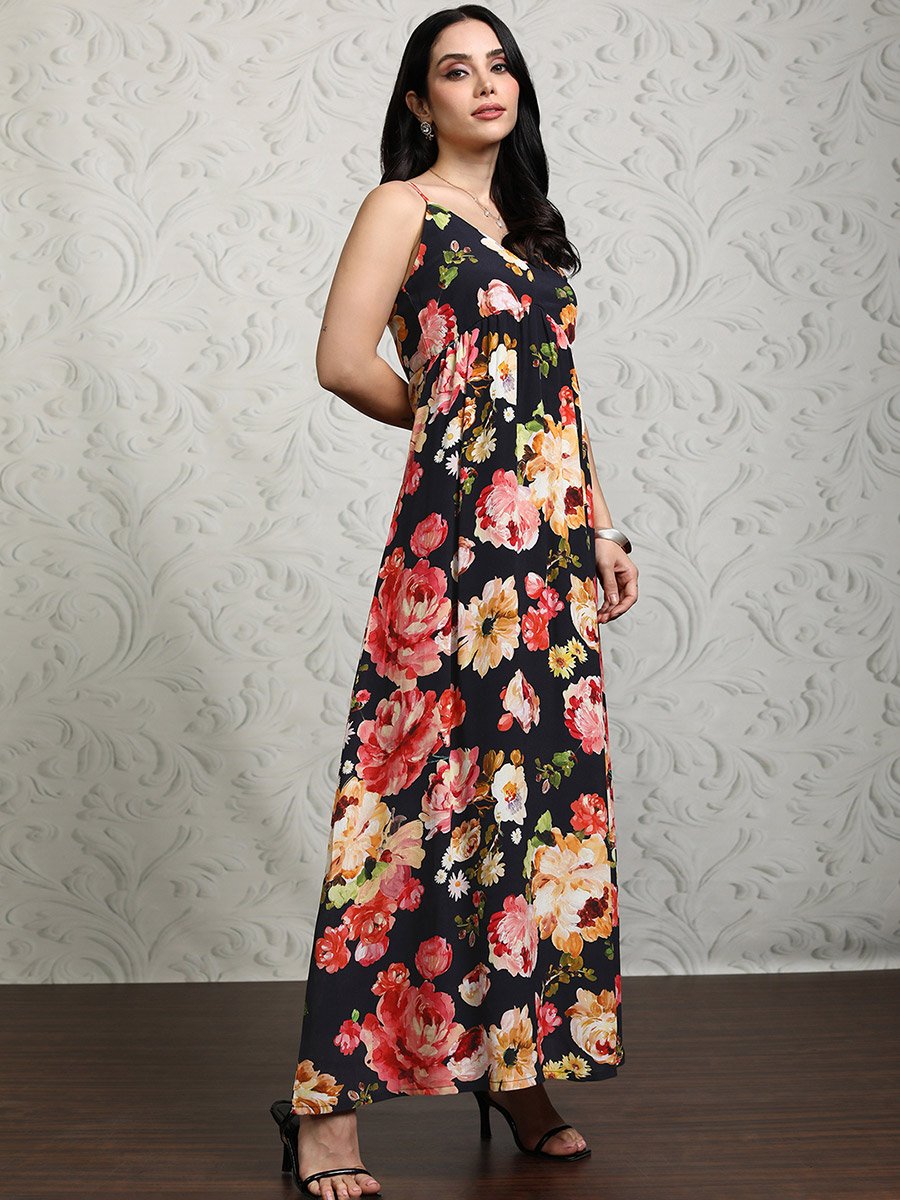 Women Floral Printed Strappy A-Line Maxi Dress with Smocked Back