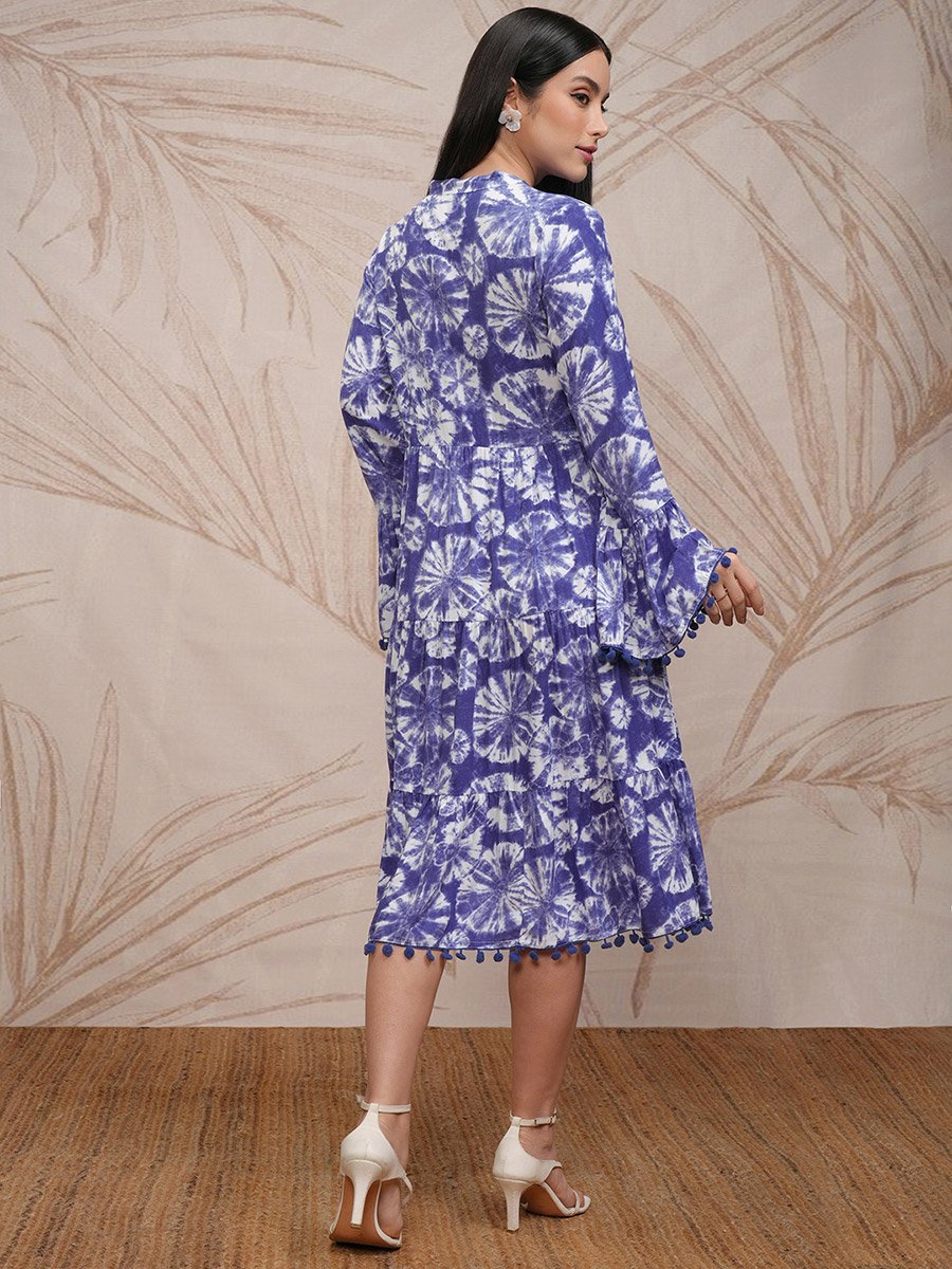 Women Tie and Dye Printed A-Line Midi Dress with Pompom Detail