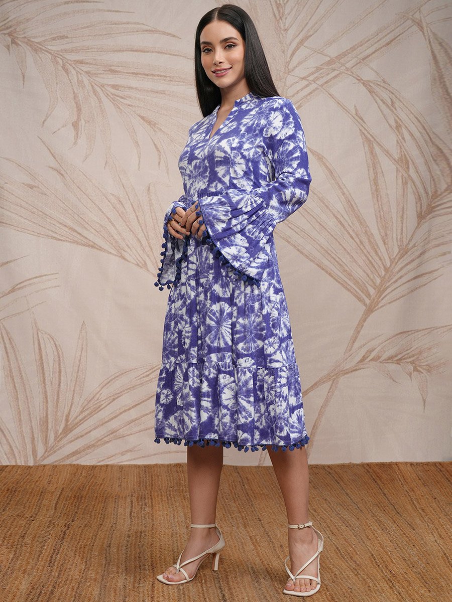 Women Tie and Dye Printed A-Line Midi Dress with Pompom Detail