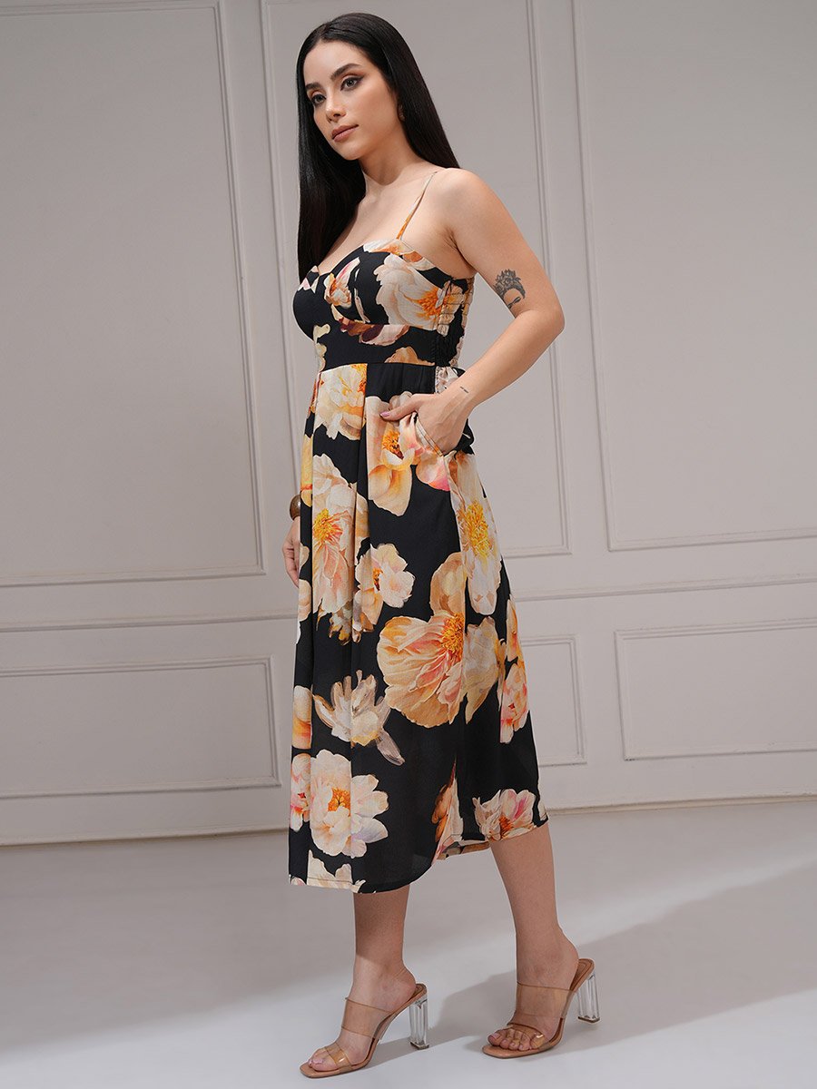 Floral Print Pleated Strappy A-Line Midi Dress