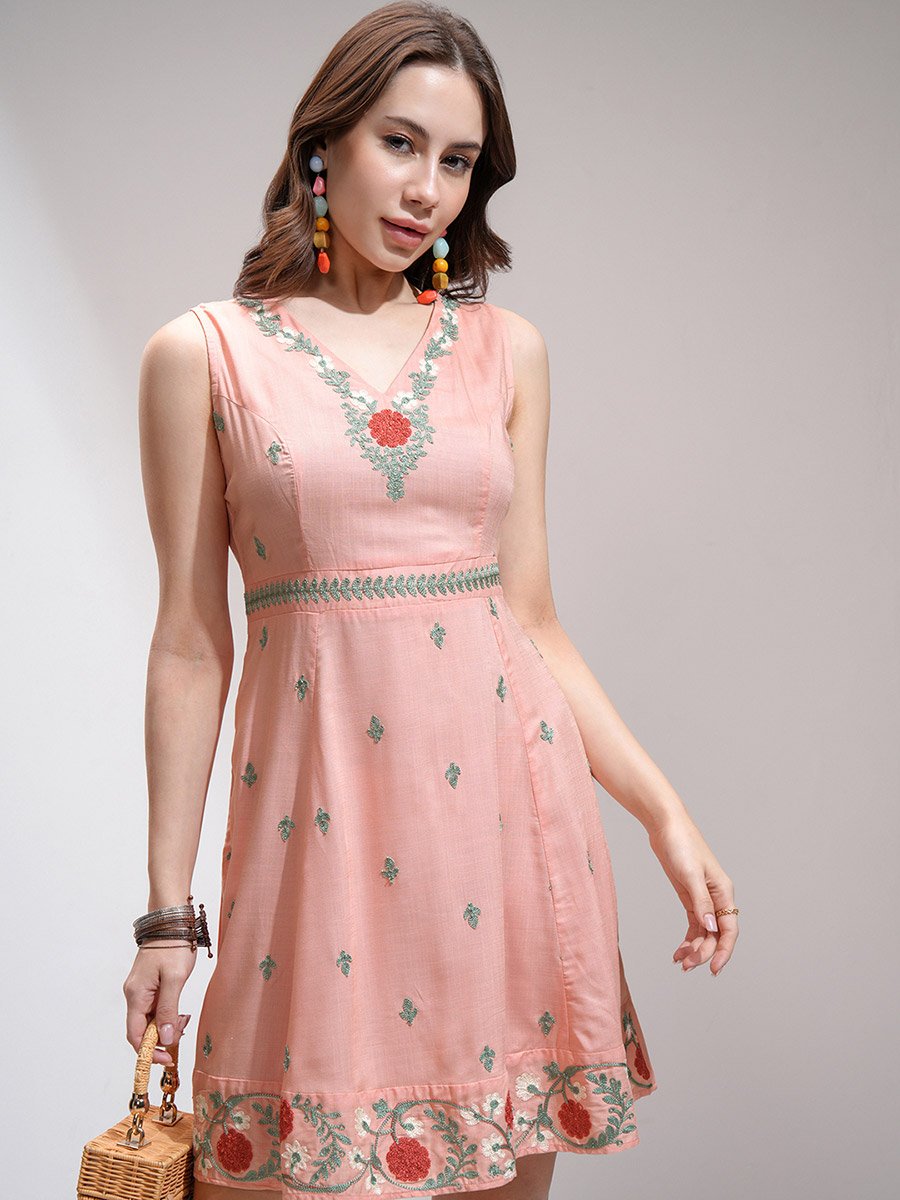 Women Embroidered V Neck A-Line Mini Dress