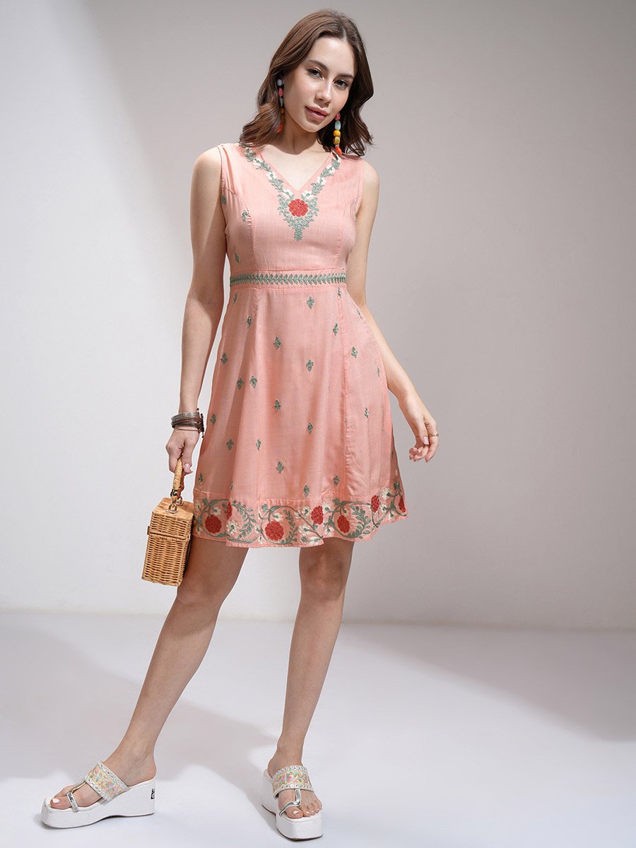 Women Embroidered V Neck A-Line Mini Dress