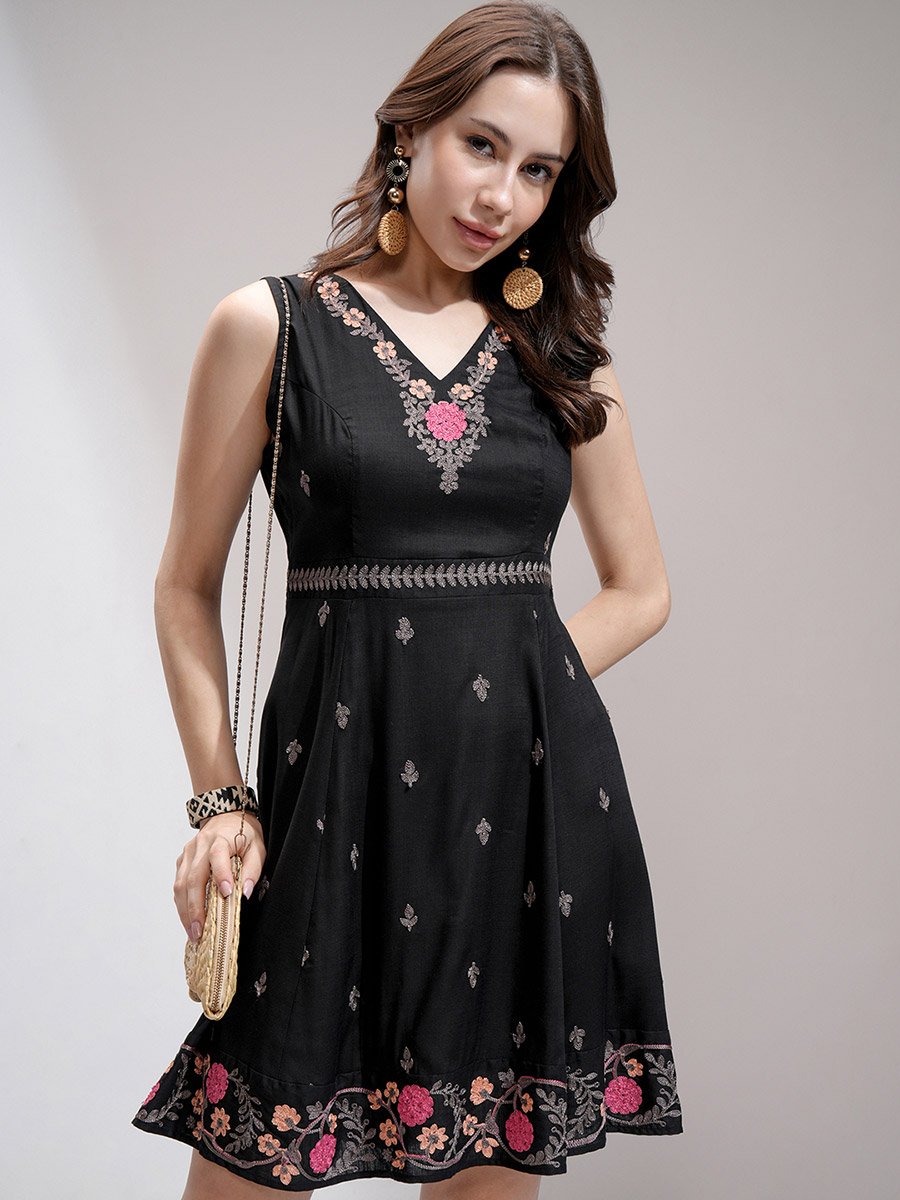 Women Embroidered V Neck A-Line Mini Dress