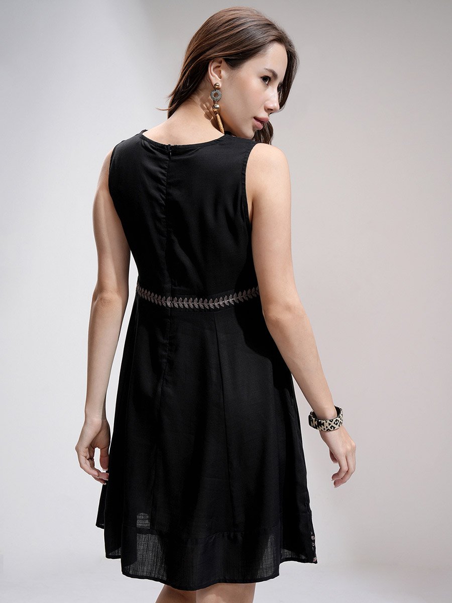 Women Embroidered V Neck A-Line Mini Dress