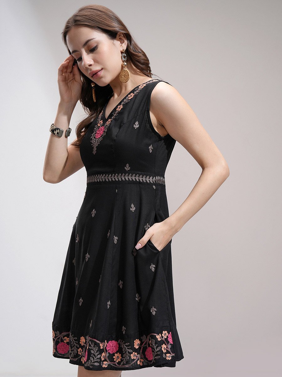 Women Embroidered V Neck A-Line Mini Dress