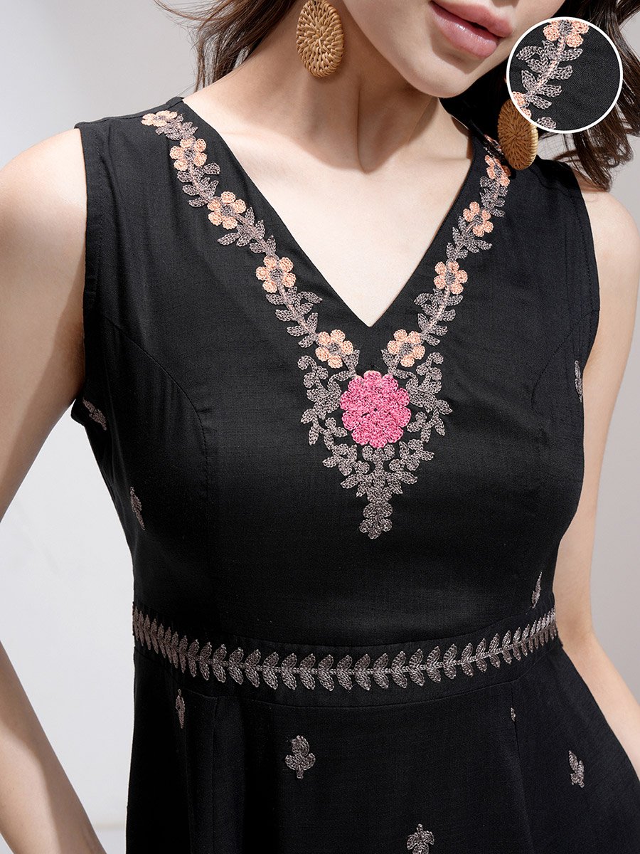 Women Embroidered V Neck A-Line Mini Dress
