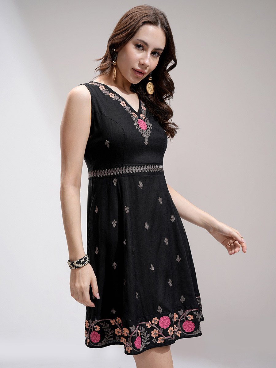 Women Embroidered V Neck A-Line Mini Dress