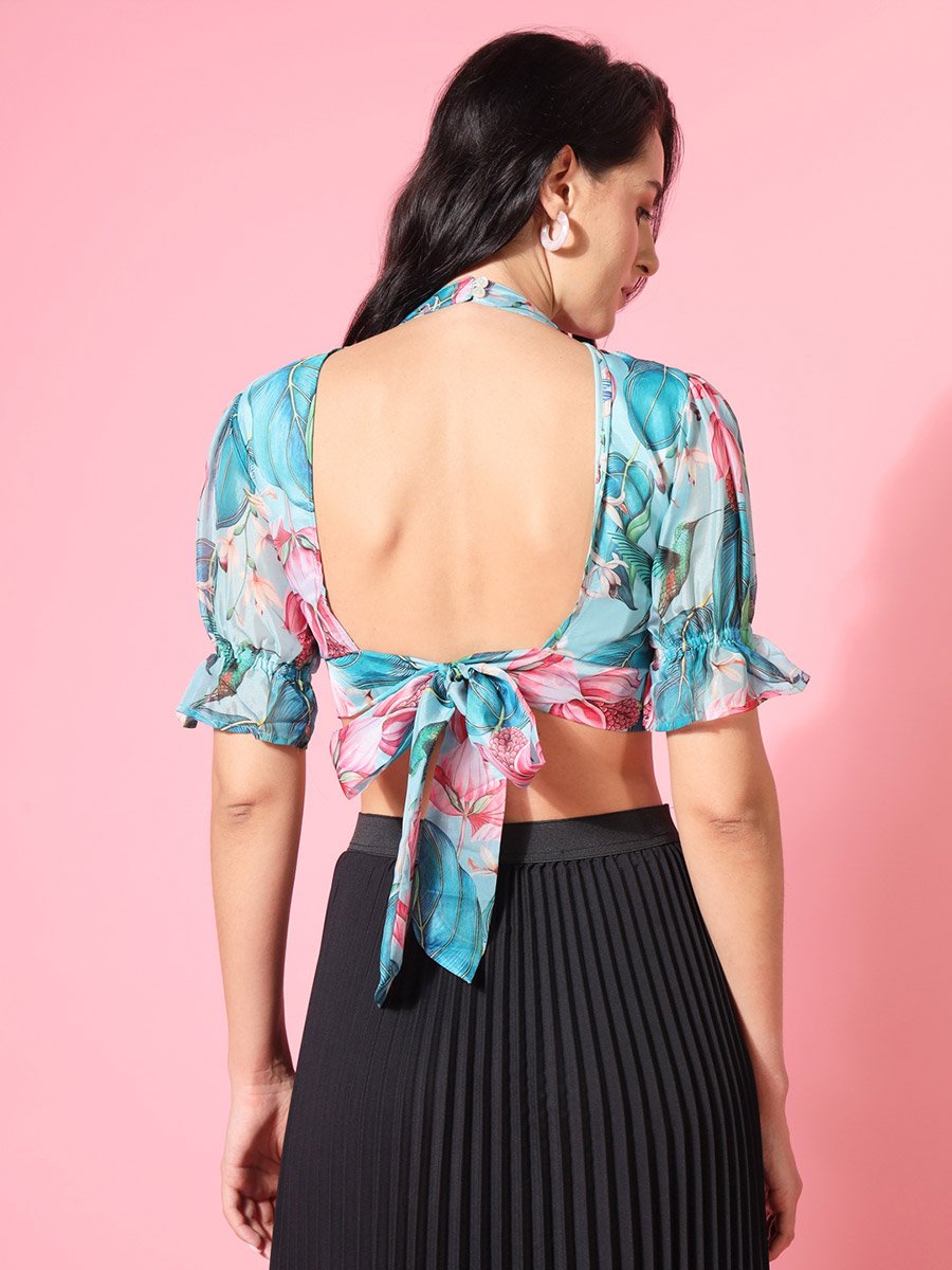 Women Blue Tie Back Crop Top