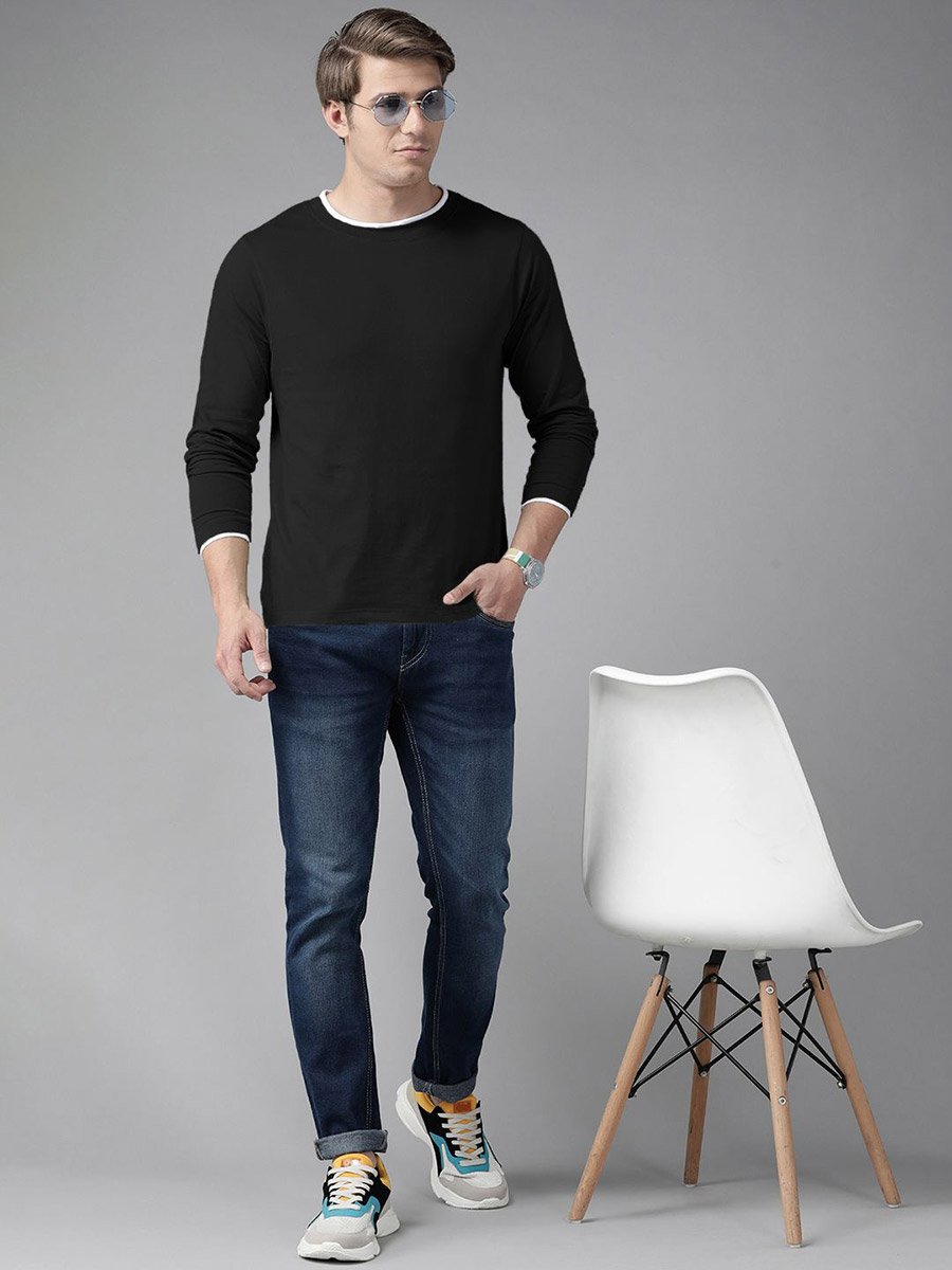 Men Black Solid Long Sleeve T-Shirt