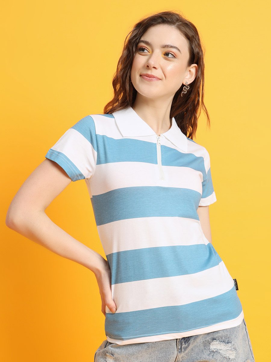 Women Blue Striped Polo T-Shirt
