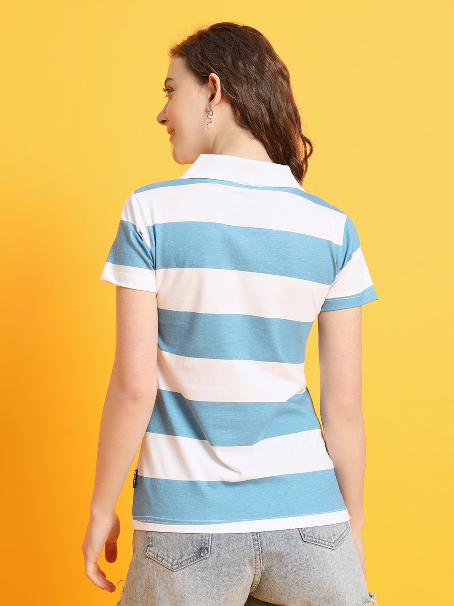 Women Blue Striped Polo T-Shirt
