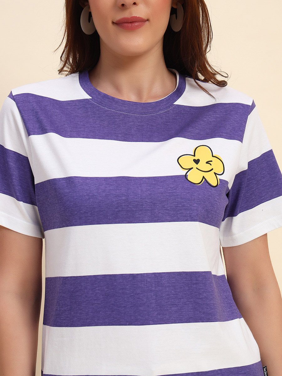 Striped Cotton T-Shirt with Flower Detail