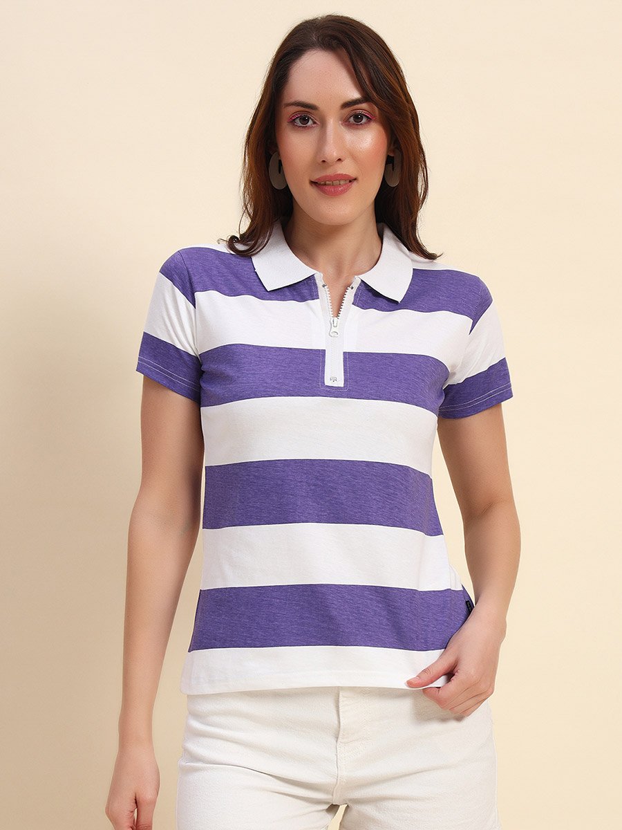 Women Purple Striped Polo T-Shirt