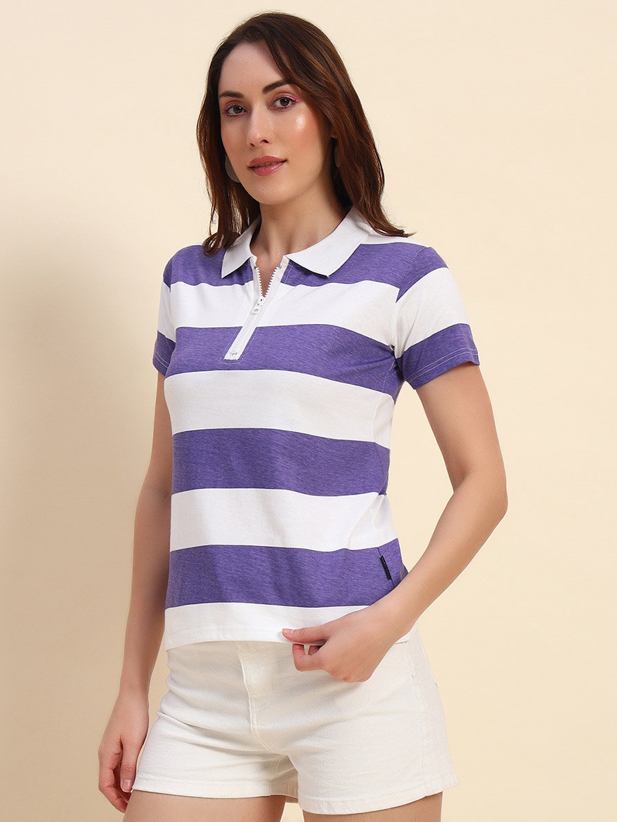 Women Purple Striped Polo T-Shirt