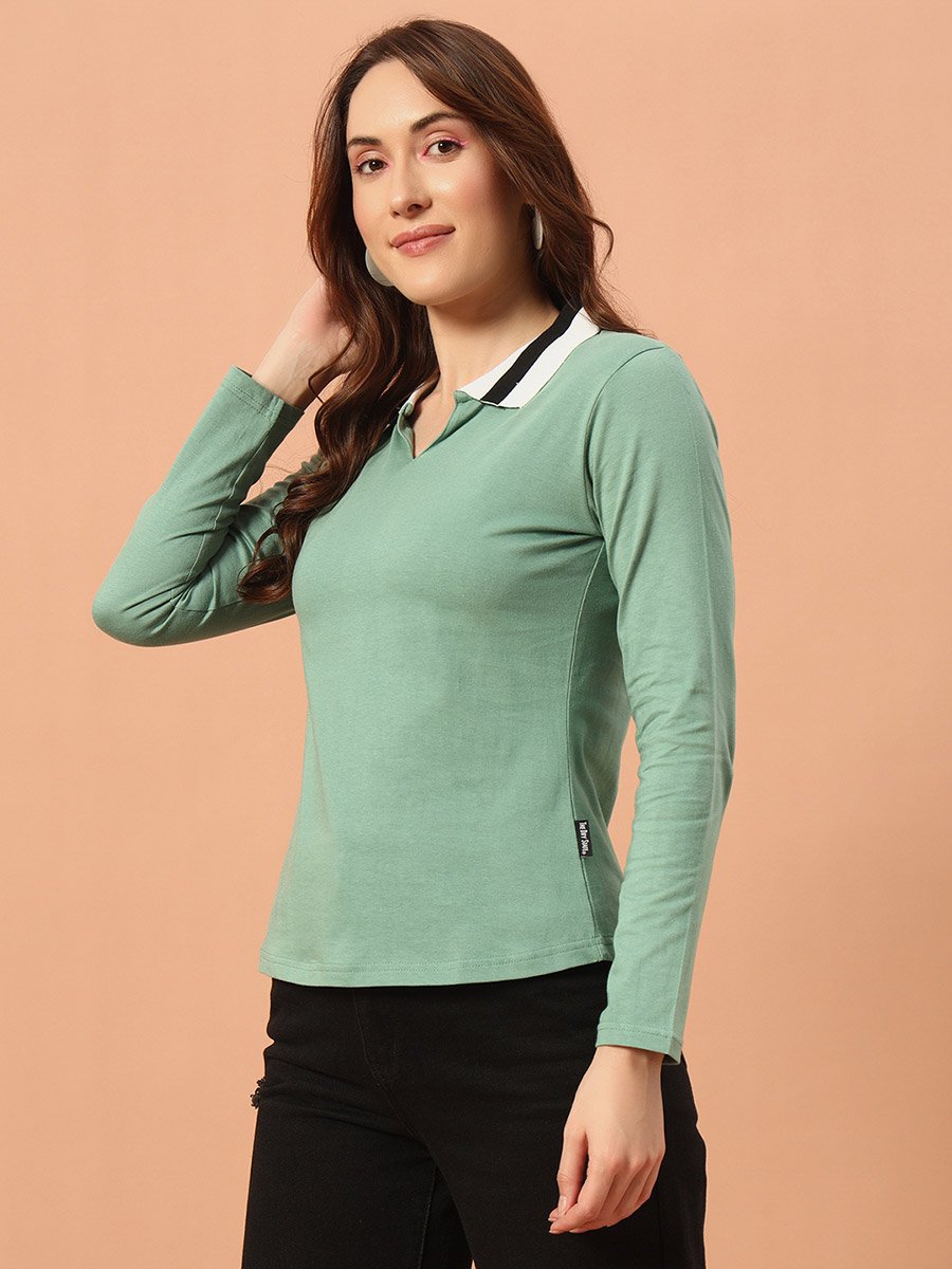 Women Green Cotton Polo T-Shirt