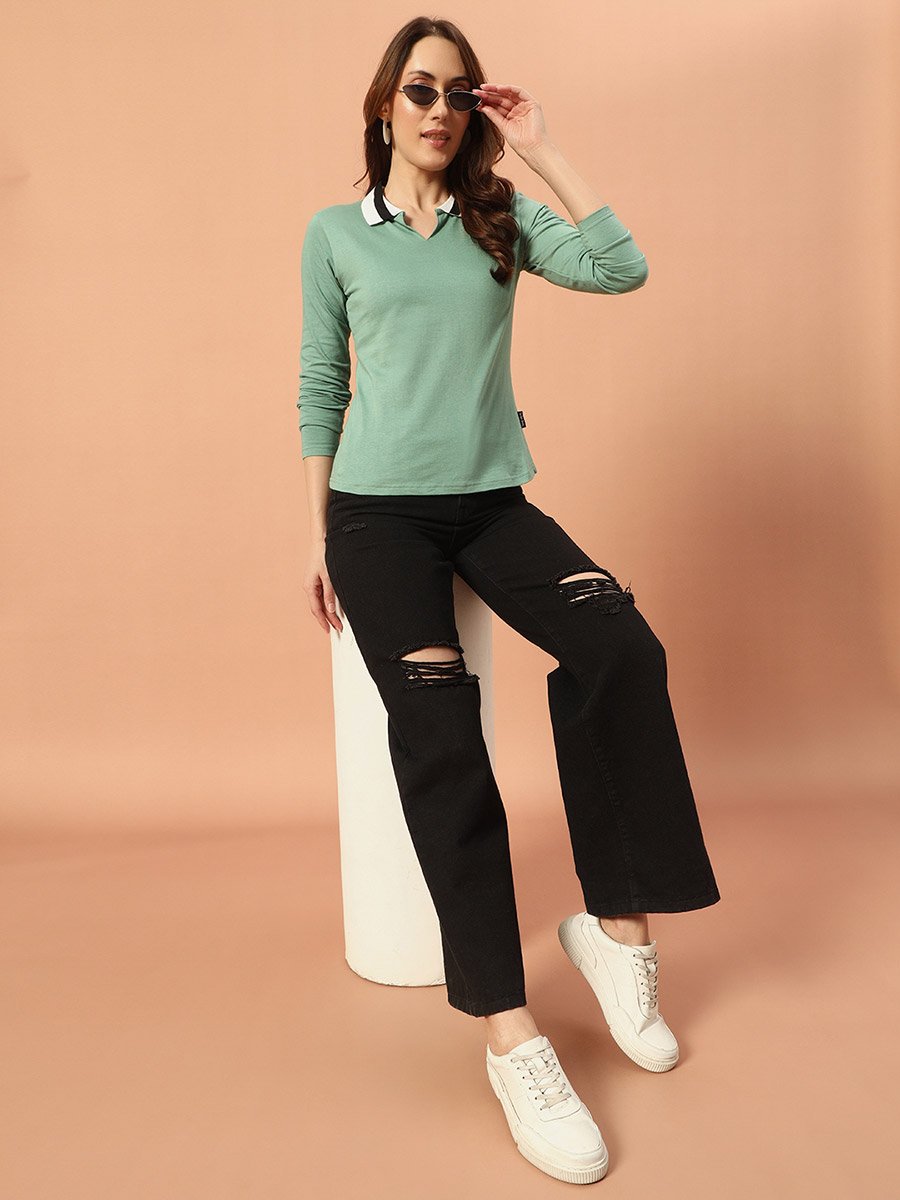 Women Green Cotton Polo T-Shirt