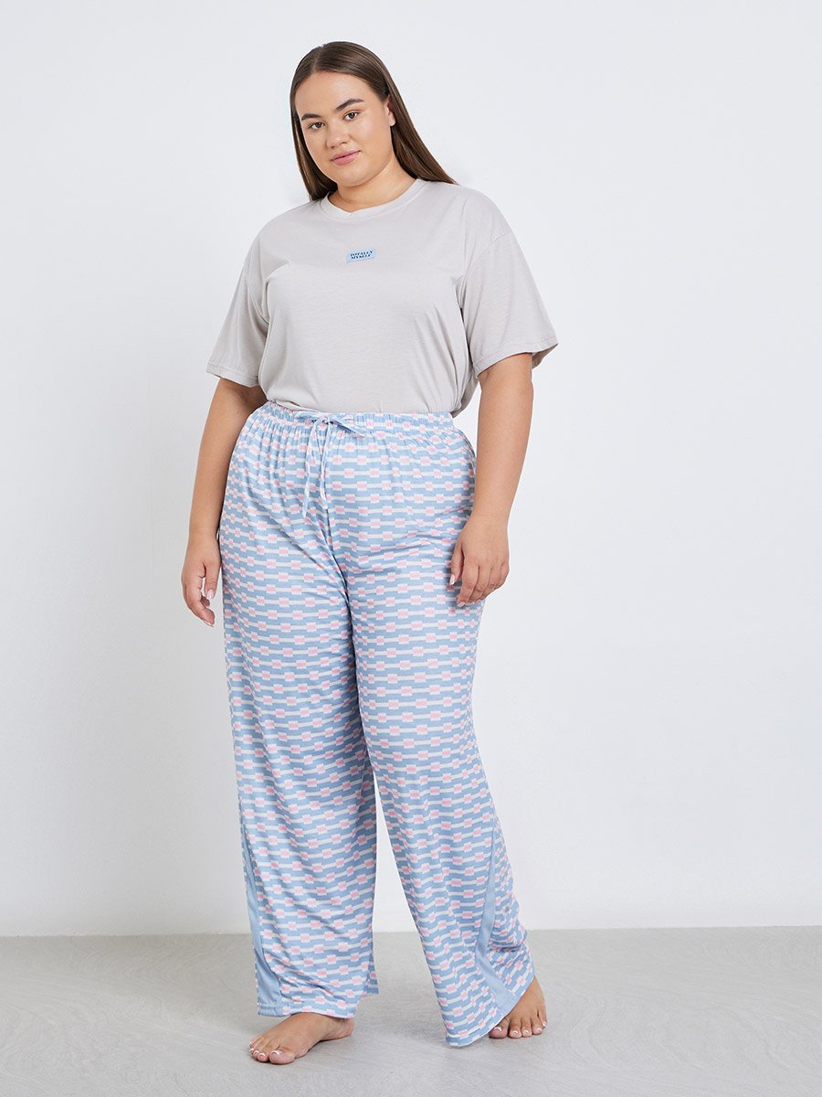 Plus Drop Shoulder Patch T-Shirt and Geo Print Pyjama Set