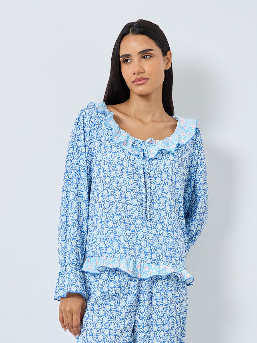 Contrast Floral Ruffle Hem Neck Top and Cuffed Pyjama Set For Women at ...