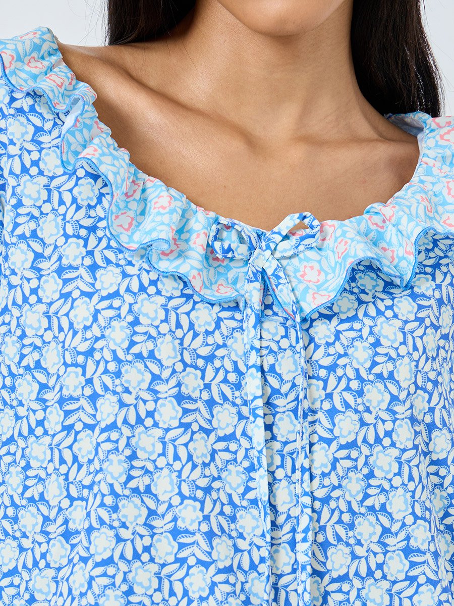 Contrast Floral Ruffle Hem Neck Top and Cuffed Pyjama Set For Women at ...