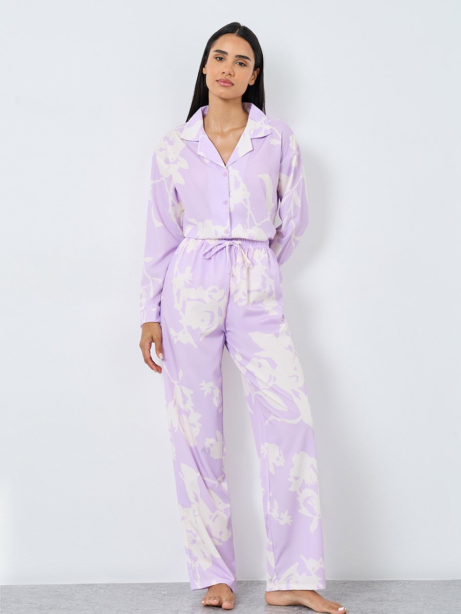 Large Scale Tonal Floral Print Shirt and Pyjama Set