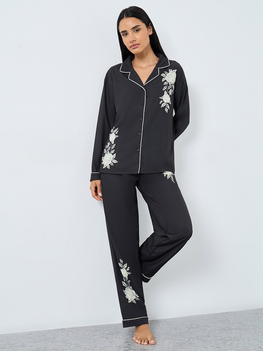 Placement Floral Button Through Shirt and Pyjama Set