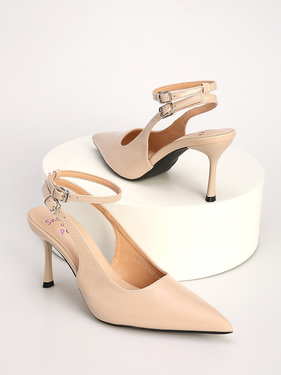 Beige Ankle Strap Mid Heel Pumps