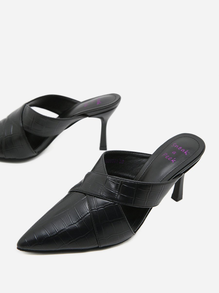 Textured Cross Strap Pointed Toe Mules