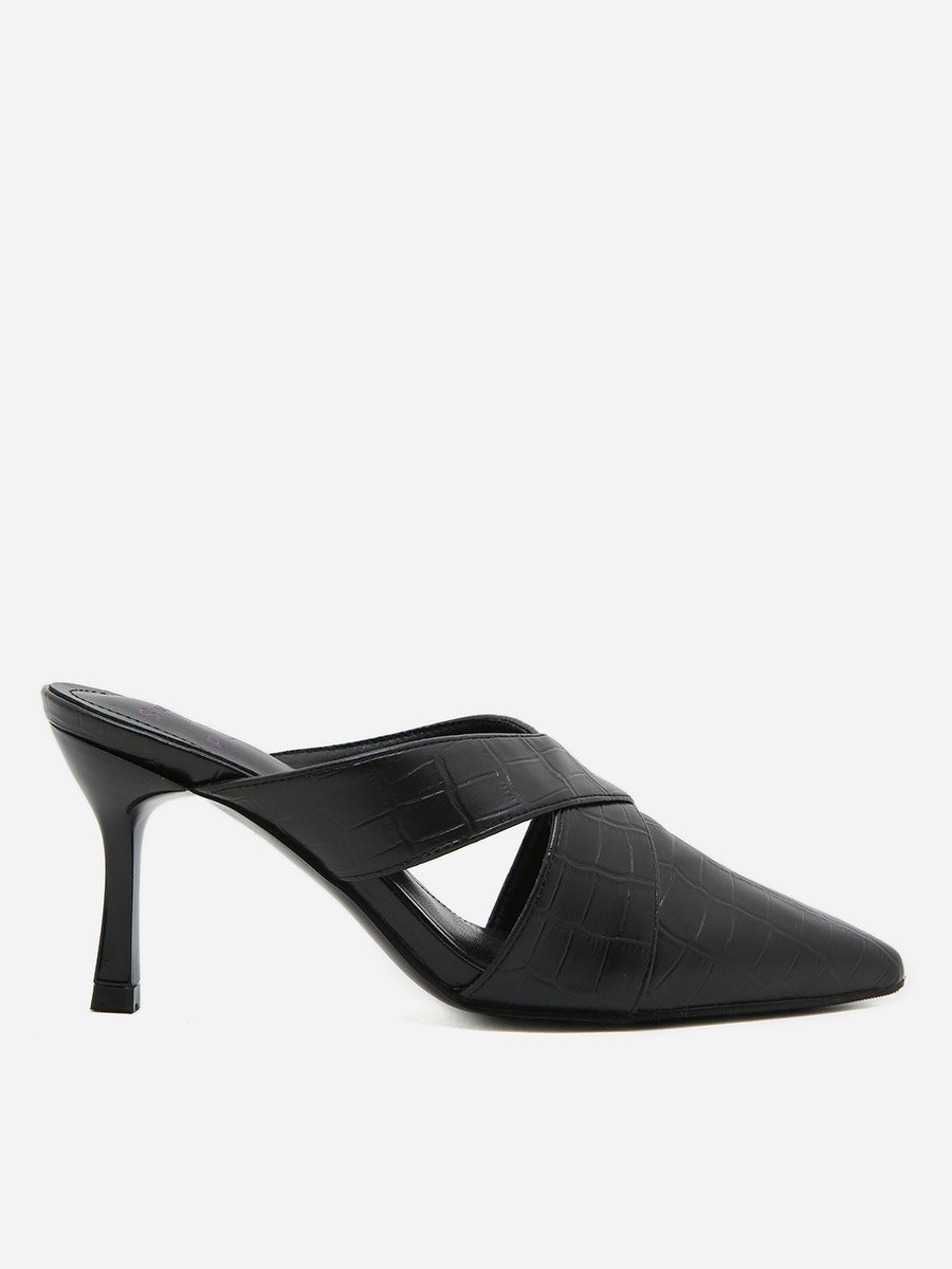 Textured Cross Strap Pointed Toe Mules