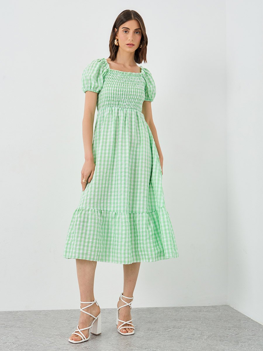 Women Green Gingham Checked Midi Dress For Women at Saudi | Styli Women Green Gingham Checked Midi Dress For Women at Saudi | Styli