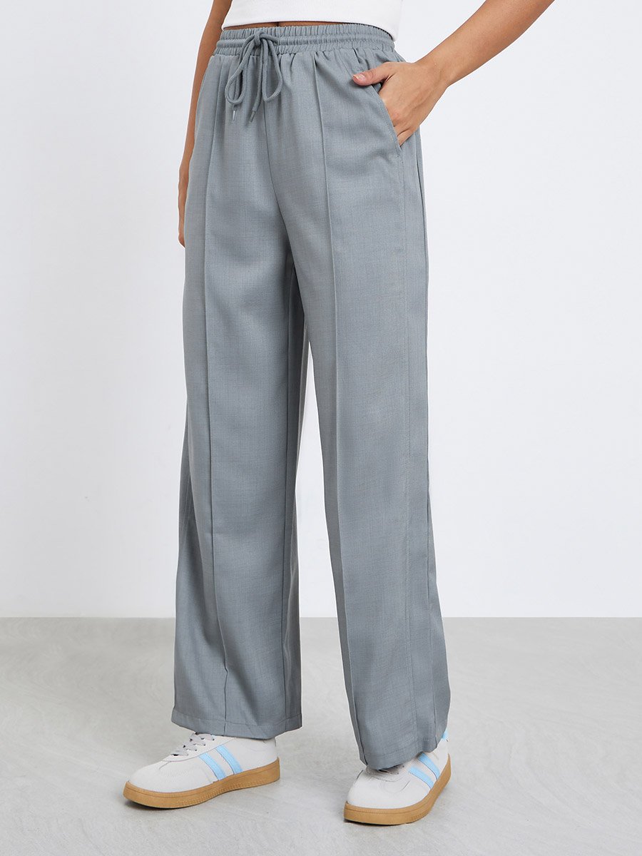 Grey Linen Look Wide Leg Pants with Pintuck