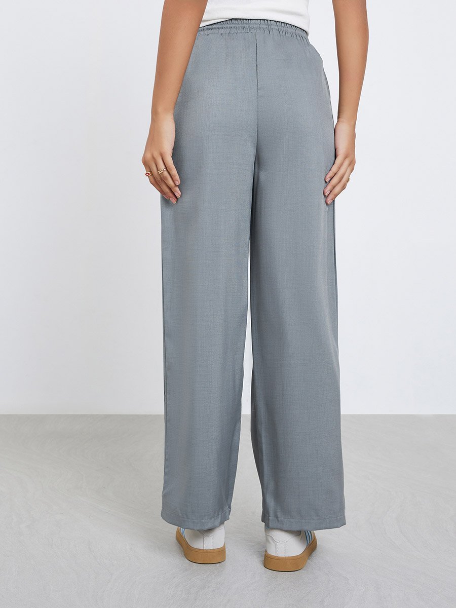 Grey Linen Look Wide Leg Pants with Pintuck