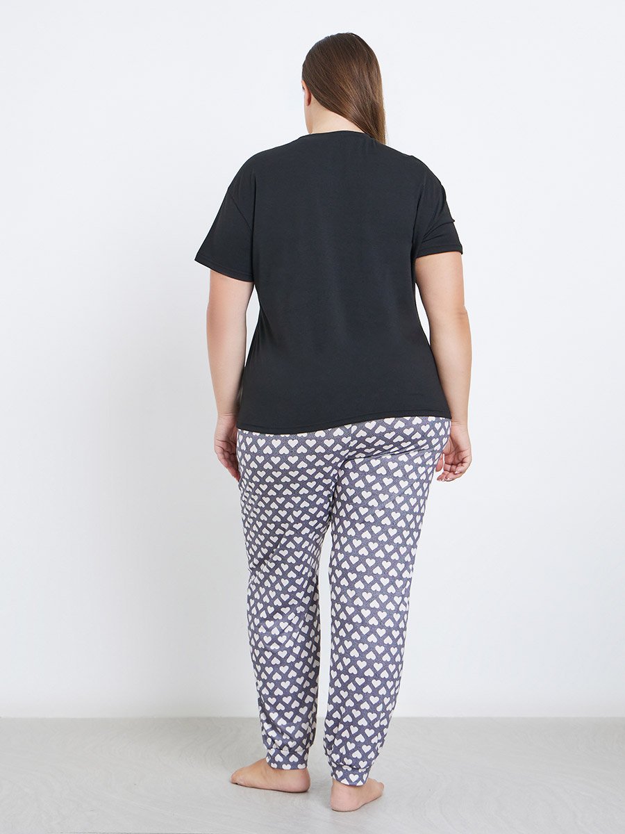 Plus Drop Shoulder Slogan T-Shirt and Heart Cuffed Pyjama Set