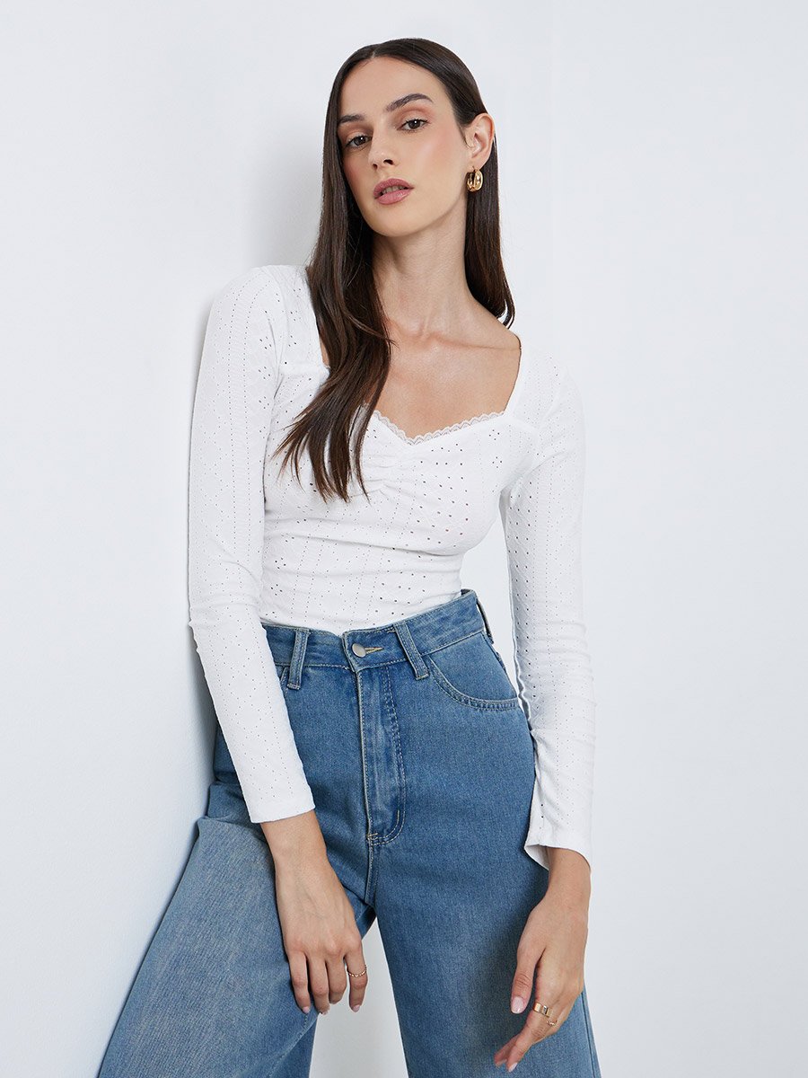 White Eyelet Long Sleeve Top 