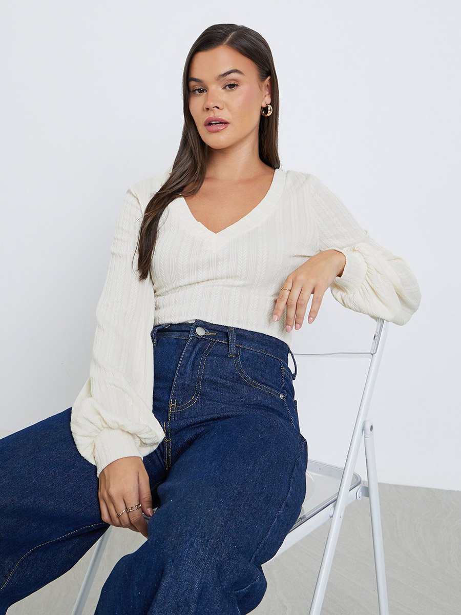 Women Cream Deep V Neck Knit Top