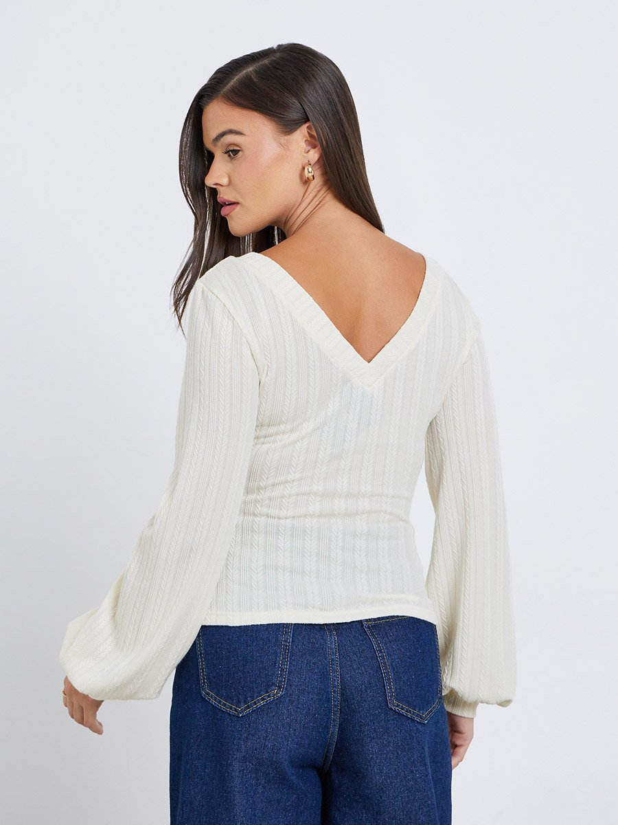 Women Cream Deep V Neck Knit Top