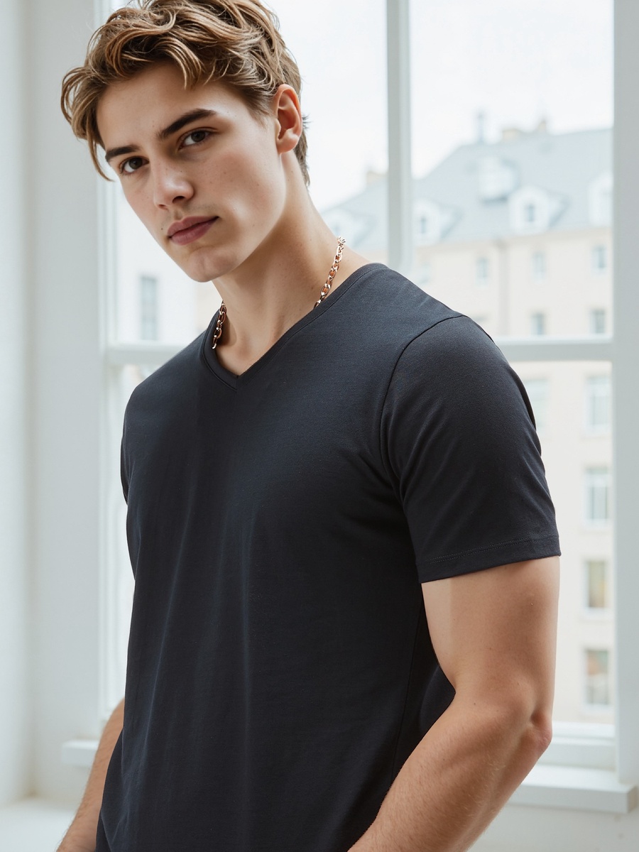 Plain Slim Fit T-Shirt with V Neck and Short Sleeves