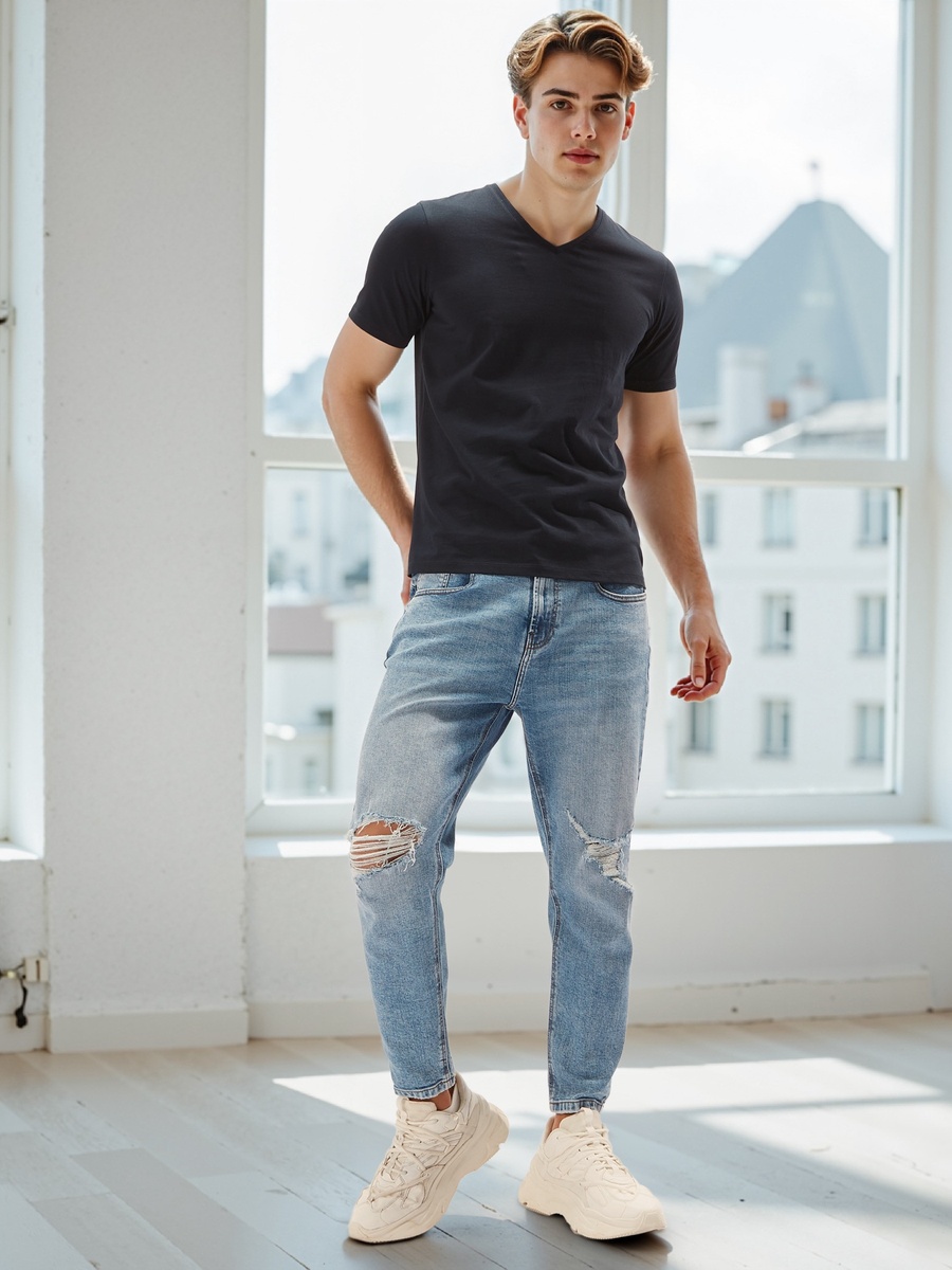 Plain Slim Fit T-Shirt with V Neck and Short Sleeves