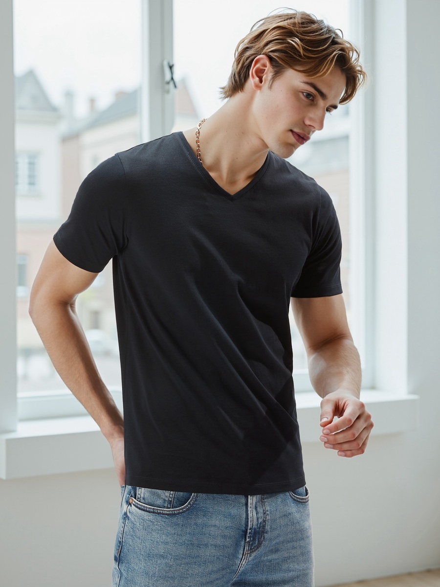 Plain Slim Fit T-Shirt with V Neck and Short Sleeves