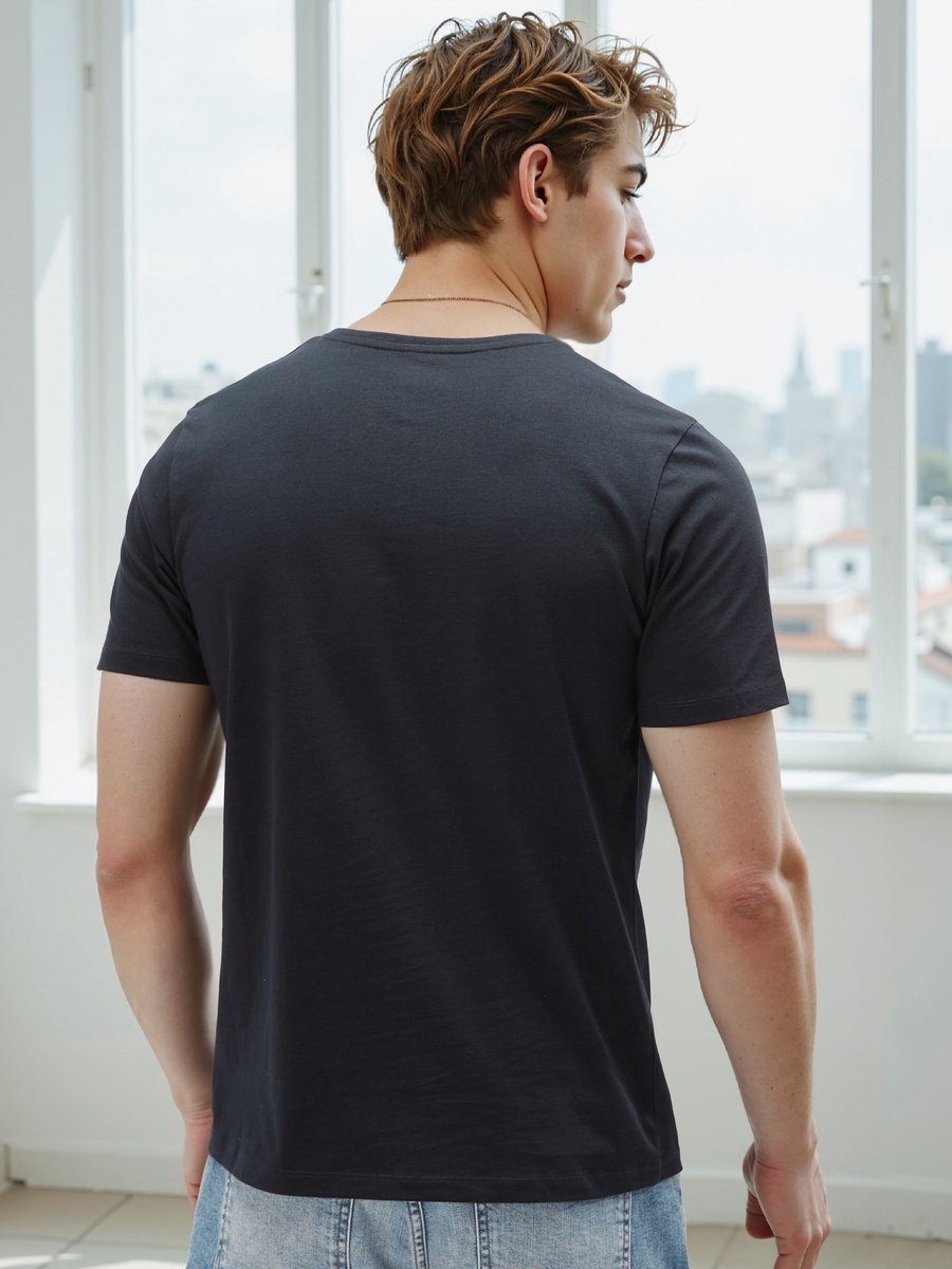 Plain Slim Fit T-Shirt with V Neck and Short Sleeves