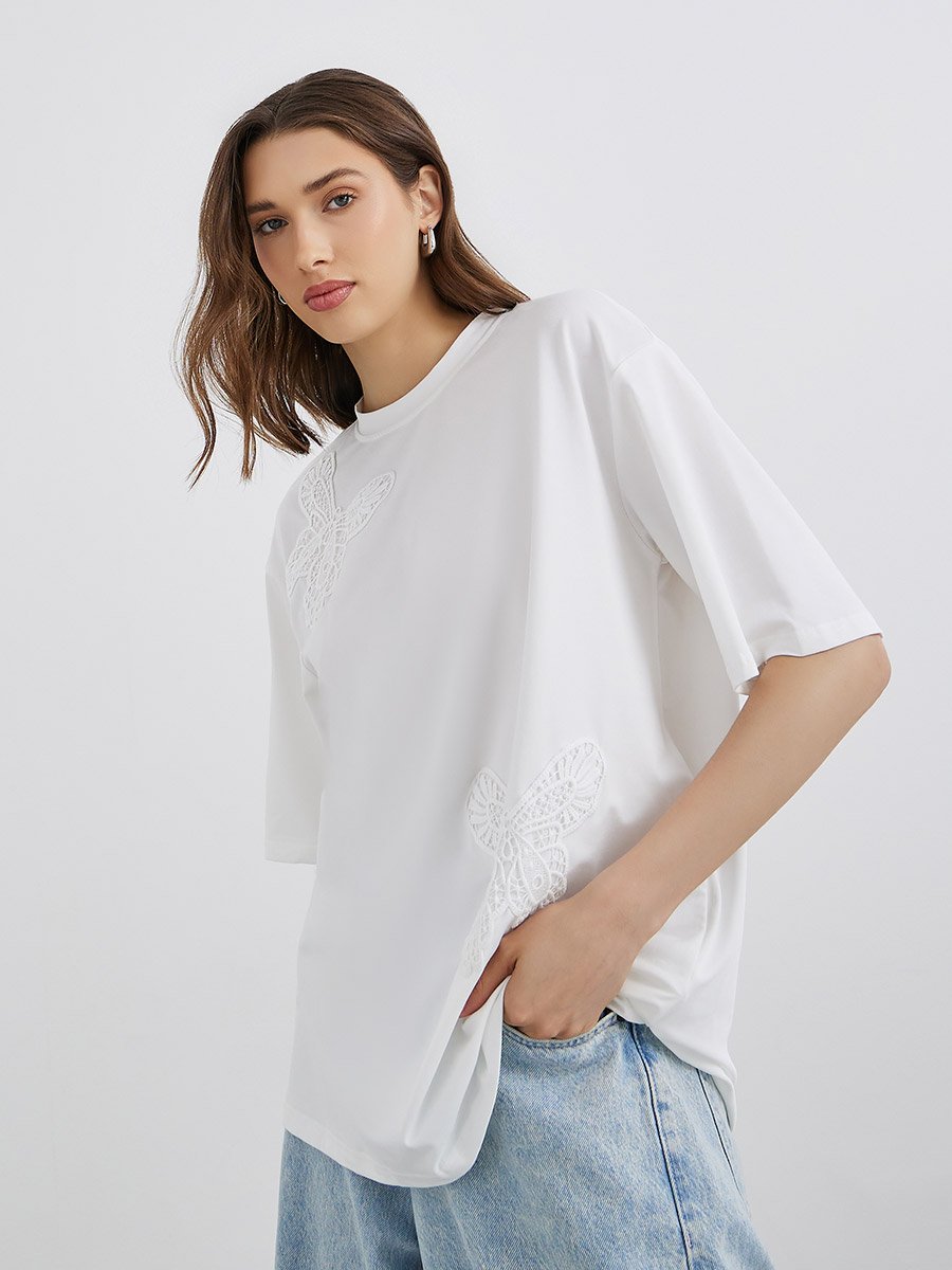 Lace Detail Short Sleeve Oversized T-Shirt