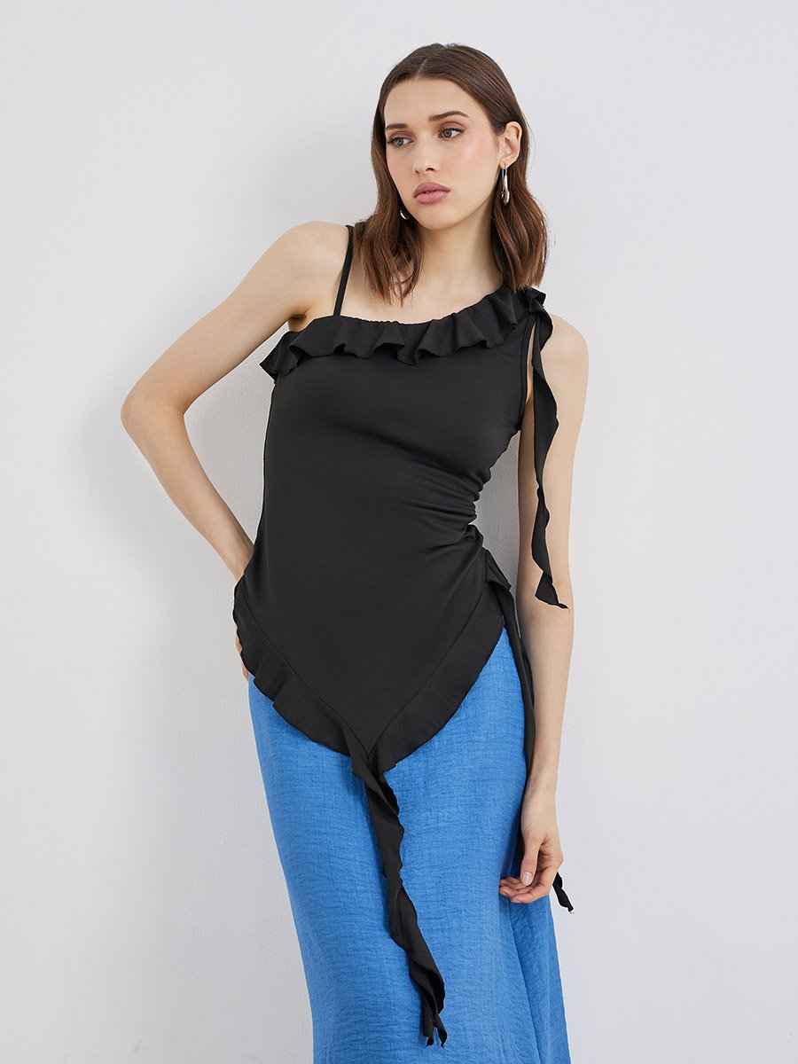 Solid Ruffled Detail Asymmetrical Neck Top